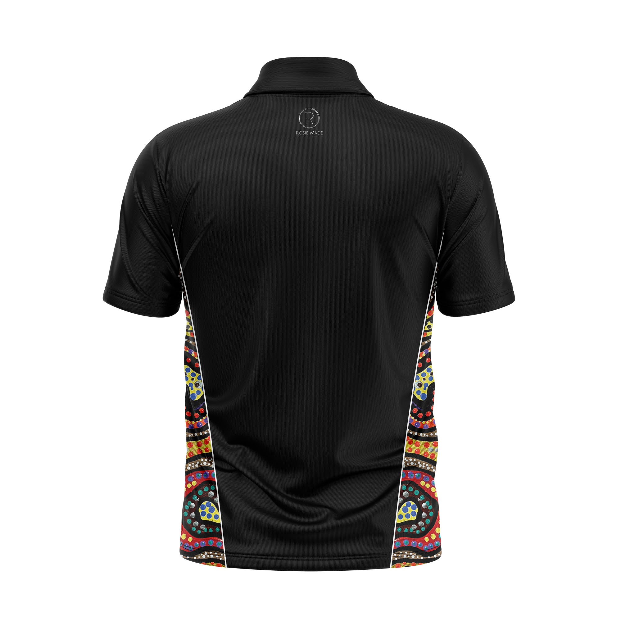 Aboriginal polo shirt back view - Birds of a feather