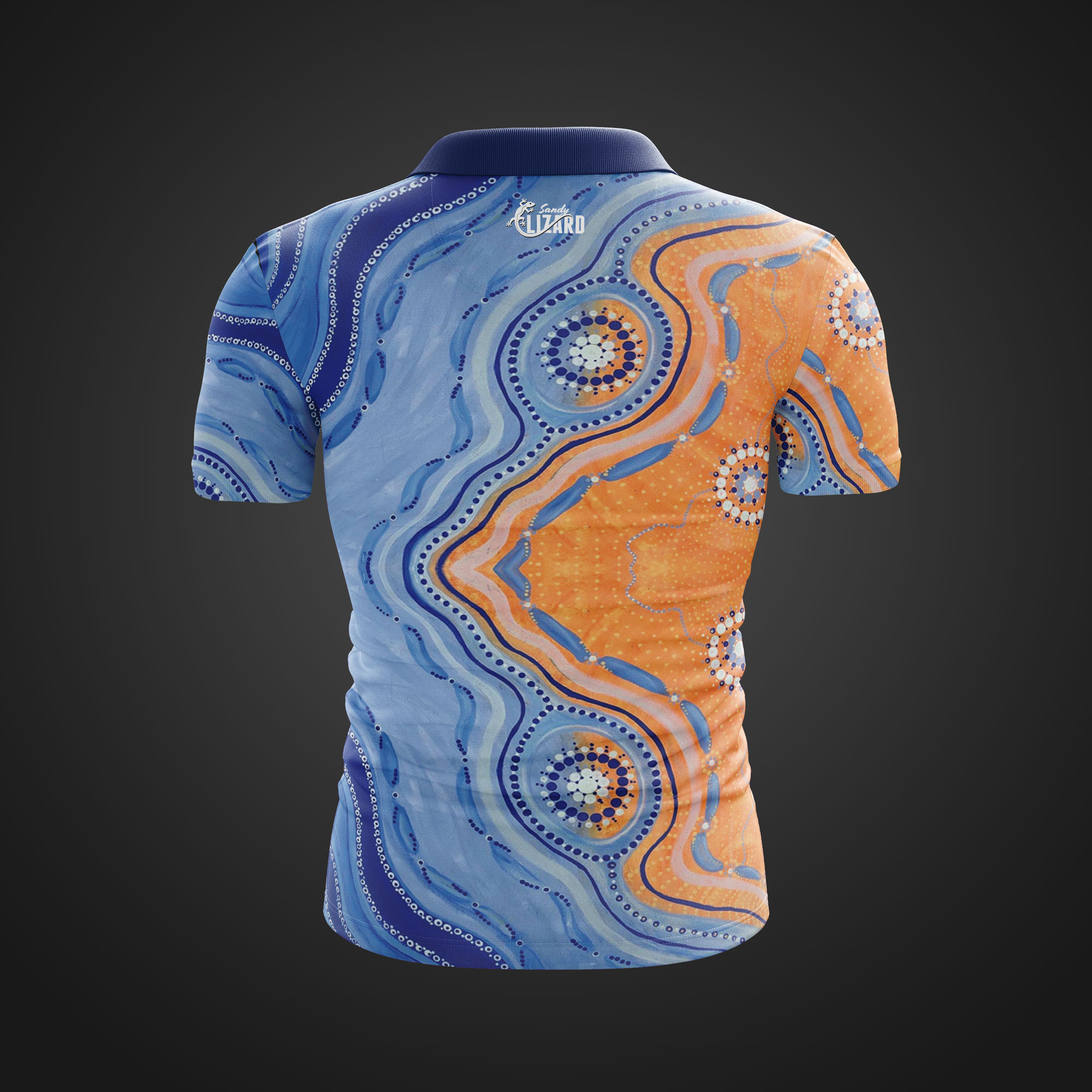 Bush-To-Beach-Aboriginal-Polo-Shirts-Back-3D-Sandy-Lizard
